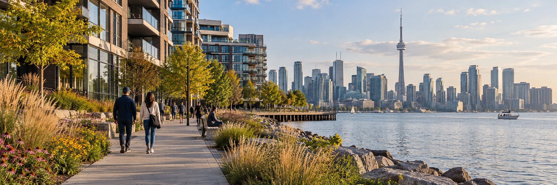A Canadian waterfront neighbourhood with a pedestrian promenade and city buildings