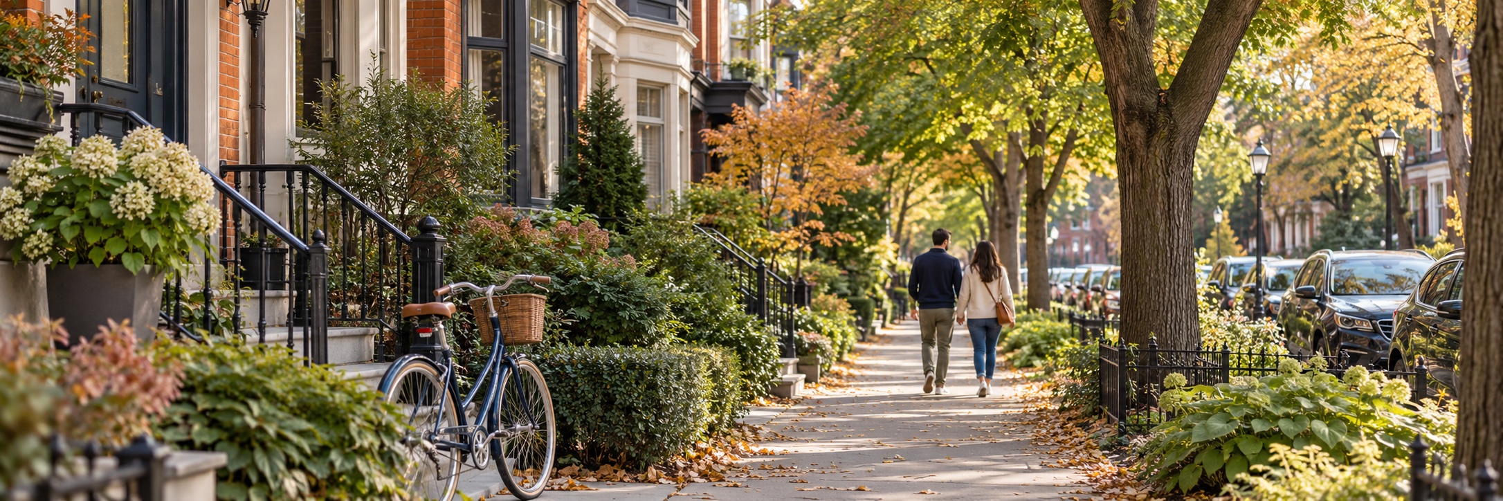 A leafy Canadian residential street with brick homes and front gardens