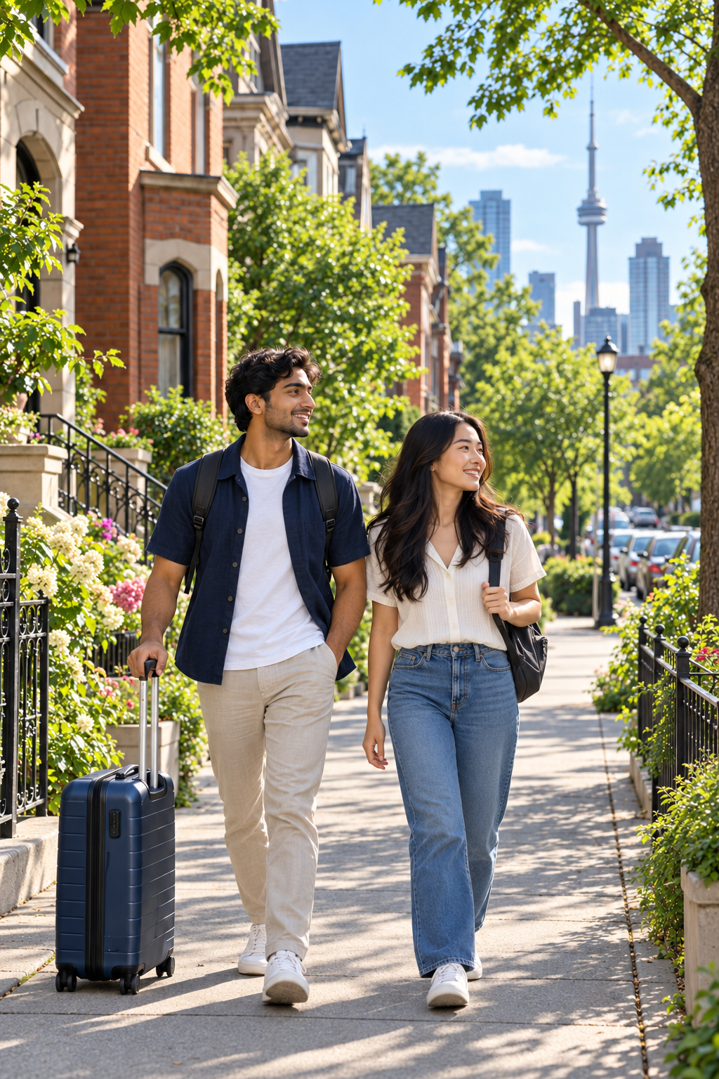 Two students with luggage walking along a leafy Toronto street with the CN Tower in the background