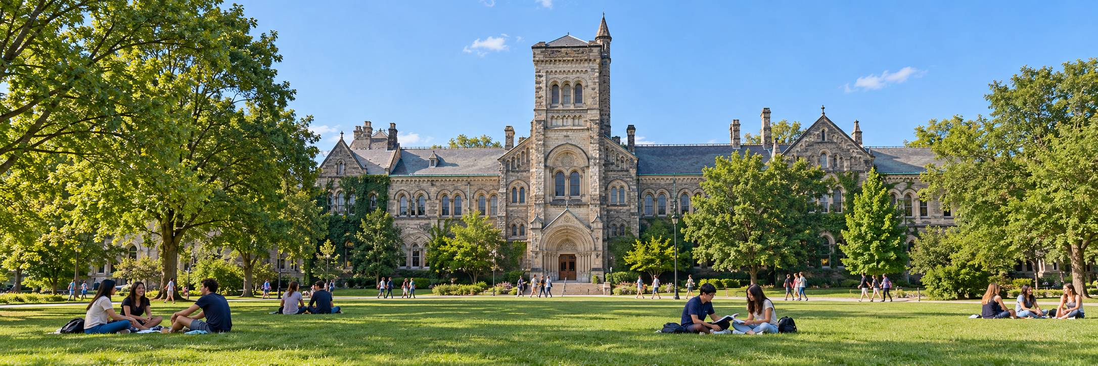 Students on the lawn outside University College at the University of Toronto in summer